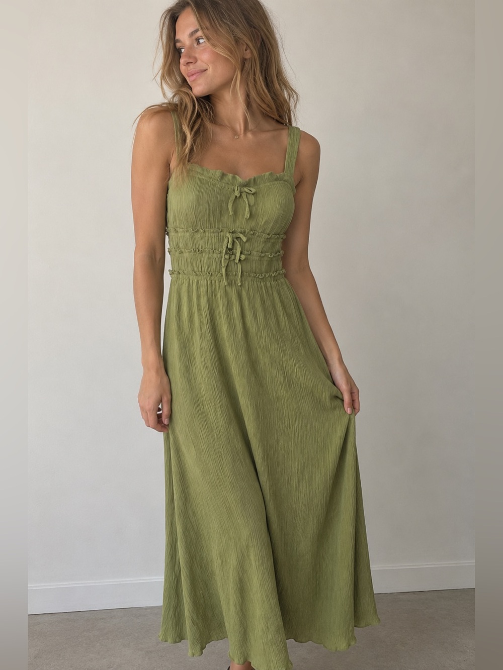 Blu Pepper Olive Green Smocked Tie Front Maxi Dress Small